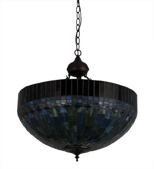 Meyda Lighting Tiffany Candice 22" 3-Light Mahogany Bronze Inverted Pendant Light With Multi-Colored Shade Glass