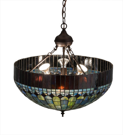 Meyda Lighting Tiffany Candice 22" 3-Light Mahogany Bronze Inverted Pendant Light With Multi-Colored Shade Glass