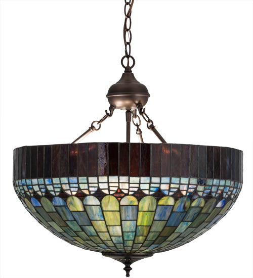 Meyda Lighting Tiffany Candice 22" 3-Light Mahogany Bronze Inverted Pendant Light With Multi-Colored Shade Glass