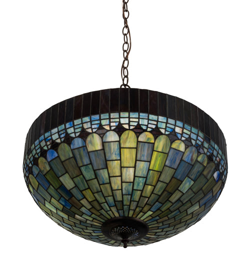 Meyda Lighting Tiffany Candice 22" 3-Light Mahogany Bronze Inverted Pendant Light With Multi-Colored Shade Glass