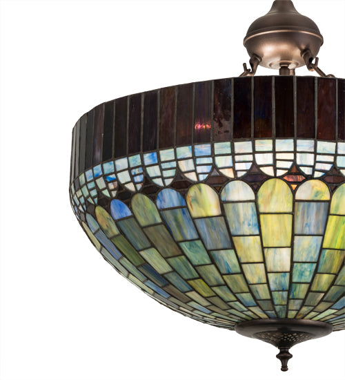 Meyda Lighting Tiffany Candice 22" 3-Light Mahogany Bronze Inverted Pendant Light With Multi-Colored Shade Glass