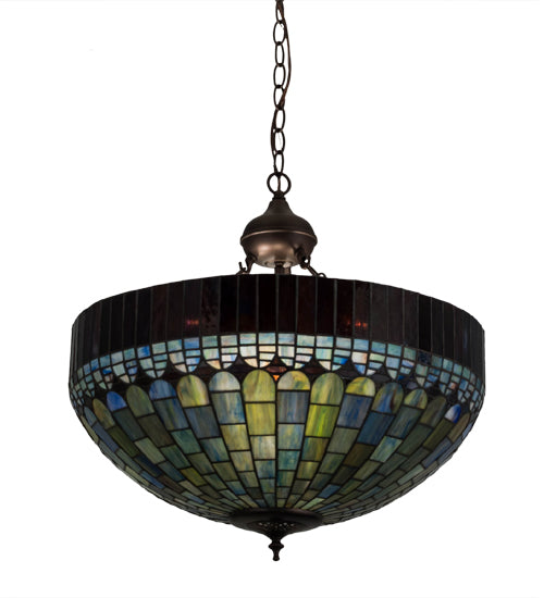 Meyda Lighting Tiffany Candice 22" 3-Light Mahogany Bronze Inverted Pendant Light With Multi-Colored Shade Glass