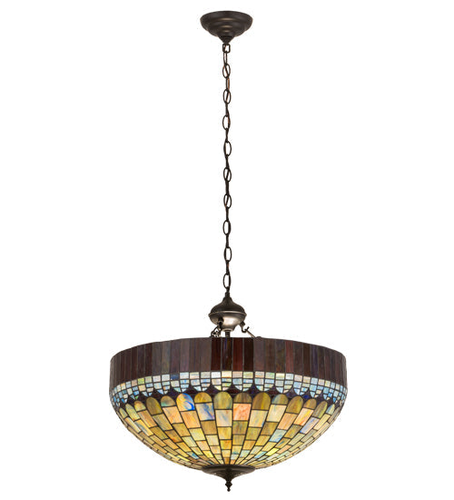 Meyda Lighting Tiffany Candice 22" 3-Light Solar Black Inverted Pendant Light With Multi-Colored Shade Glass