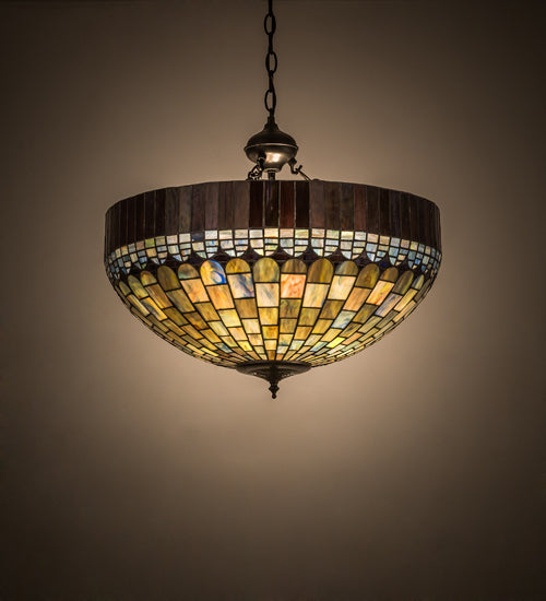 Meyda Lighting Tiffany Candice 22" 3-Light Solar Black Inverted Pendant Light With Multi-Colored Shade Glass