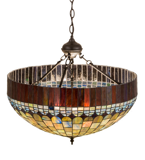 Meyda Lighting Tiffany Candice 22" 3-Light Solar Black Inverted Pendant Light With Multi-Colored Shade Glass
