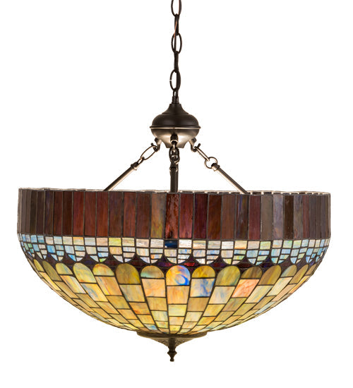 Meyda Lighting Tiffany Candice 22" 3-Light Solar Black Inverted Pendant Light With Multi-Colored Shade Glass