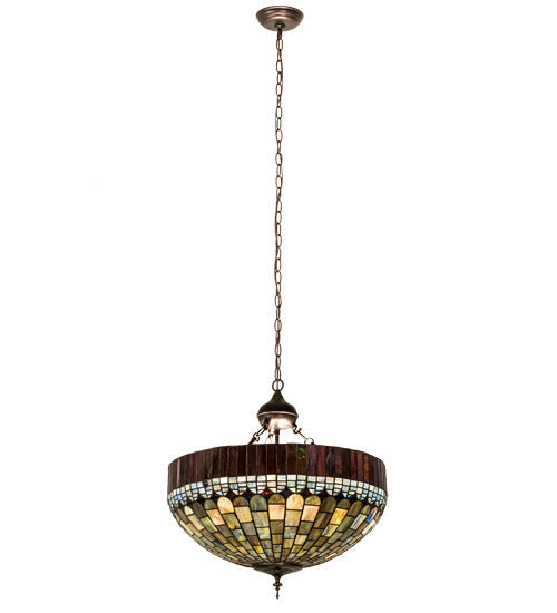 Meyda Lighting Tiffany Candice 22" 6-Light Mahogany Bronze Inverted Pendant Light With Multi-Colored Shade Glass