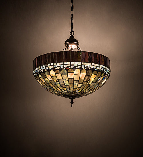 Meyda Lighting Tiffany Candice 22" 6-Light Mahogany Bronze Inverted Pendant Light With Multi-Colored Shade Glass