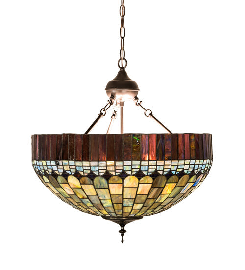 Meyda Lighting Tiffany Candice 22" 6-Light Mahogany Bronze Inverted Pendant Light With Multi-Colored Shade Glass