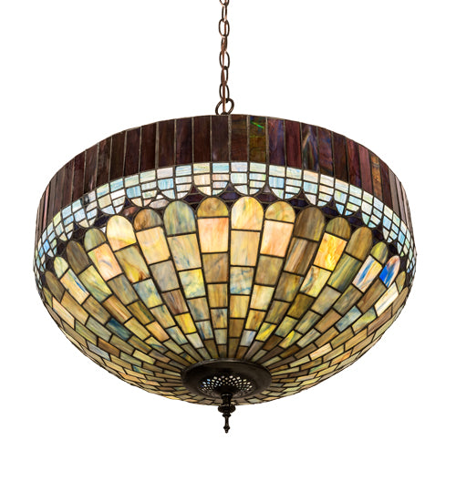 Meyda Lighting Tiffany Candice 22" 6-Light Mahogany Bronze Inverted Pendant Light With Multi-Colored Shade Glass