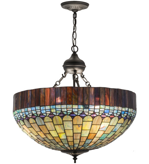 Meyda Lighting Tiffany Candice 22" 6-Light Solar Black Inverted Pendant Light With Multi-Colored Shade Glass