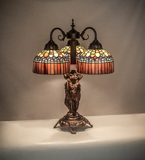 Meyda Lighting Tiffany Candice 23" 3-Light Mahogany Bronze Table Lamp With Multi-Colored Shade Glass