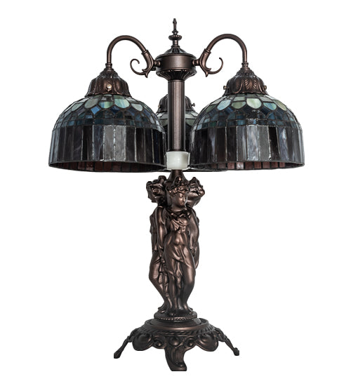 Meyda Lighting Tiffany Candice 23" 3-Light Mahogany Bronze Table Lamp With Multi-Colored Shade Glass