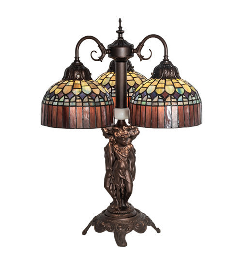 Meyda Lighting Tiffany Candice 23" 3-Light Mahogany Bronze Table Lamp With Multi-Colored Shade Glass