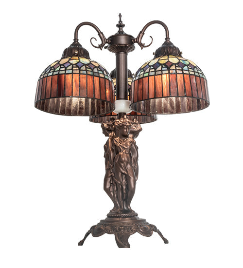 Meyda Lighting Tiffany Candice 23" 3-Light Mahogany Bronze Table Lamp With Multi-Colored Shade Glass