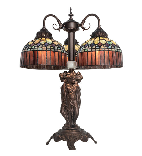Meyda Lighting Tiffany Candice 23" 3-Light Mahogany Bronze Table Lamp With Multi-Colored Shade Glass