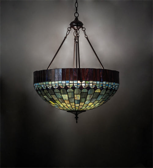 Meyda Lighting Tiffany Candice 232779 22" 3-Light Mahogany Bronze Inverted Pendant Light With Multi-Colored Shade Glass
