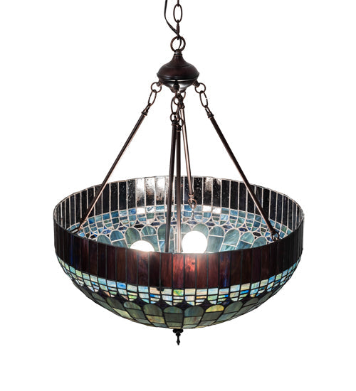 Meyda Lighting Tiffany Candice 232779 22" 3-Light Mahogany Bronze Inverted Pendant Light With Multi-Colored Shade Glass