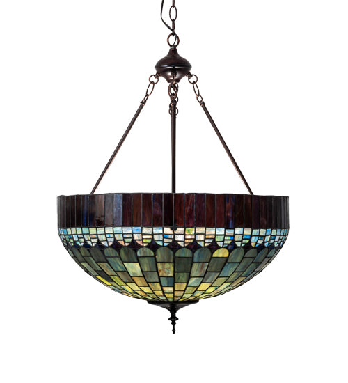 Meyda Lighting Tiffany Candice 232779 22" 3-Light Mahogany Bronze Inverted Pendant Light With Multi-Colored Shade Glass