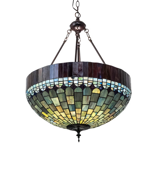 Meyda Lighting Tiffany Candice 232779 22" 3-Light Mahogany Bronze Inverted Pendant Light With Multi-Colored Shade Glass