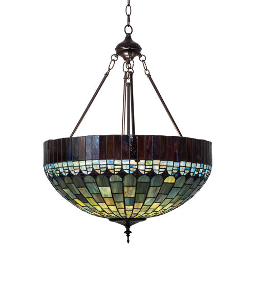 Meyda Lighting Tiffany Candice 232779 22" 3-Light Mahogany Bronze Inverted Pendant Light With Multi-Colored Shade Glass