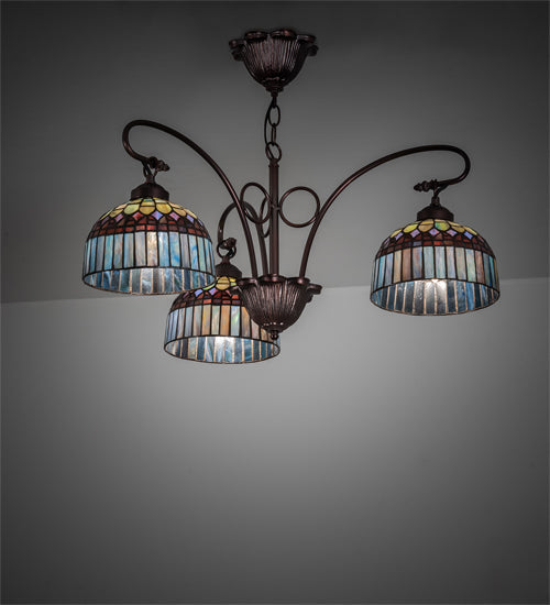 Meyda Lighting Tiffany Candice 28" 3-Light Mahogany Bronze Chandelier With Multi-Colored Shade Glass