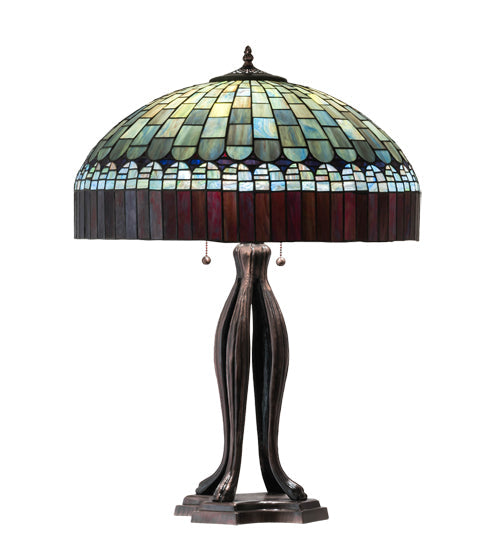 Meyda Lighting Tiffany Candice 30" 3-Light Mahogany Bronze Table Lamp With Green & Ruby Shade Glass