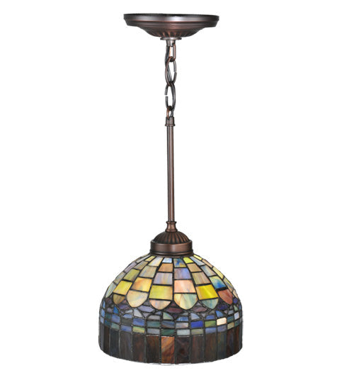 Meyda Lighting Tiffany Candice 8" Mahogany Bronze Mini Pendant Light With Multi-Colored Shade Glass