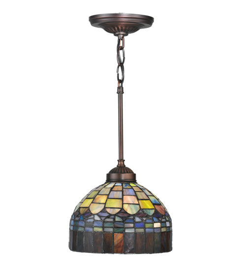 Meyda Lighting Tiffany Candice 8" Mahogany Bronze Mini Pendant Light With Multi-Colored Shade Glass