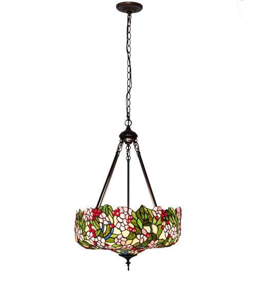 Meyda Lighting Tiffany Cherry Blossom 20" 3-Light Mahogany Bronze Inverted Pendant Light With Multi-Colored Shade Glass