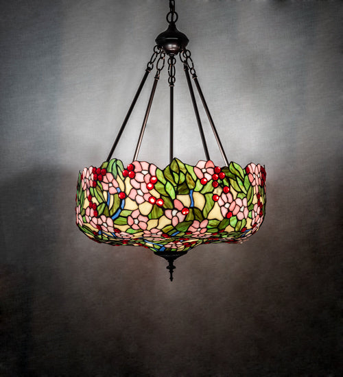 Meyda Lighting Tiffany Cherry Blossom 20" 3-Light Mahogany Bronze Inverted Pendant Light With Multi-Colored Shade Glass