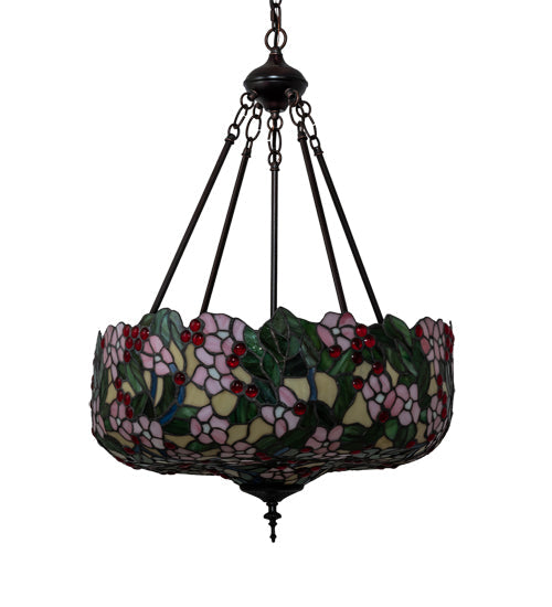 Meyda Lighting Tiffany Cherry Blossom 20" 3-Light Mahogany Bronze Inverted Pendant Light With Multi-Colored Shade Glass