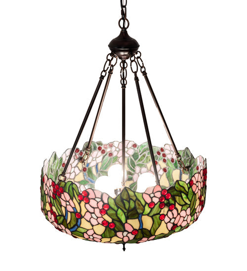 Meyda Lighting Tiffany Cherry Blossom 20" 3-Light Mahogany Bronze Inverted Pendant Light With Multi-Colored Shade Glass