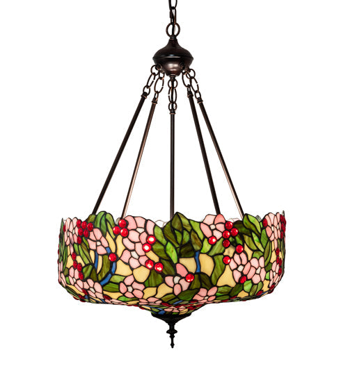 Meyda Lighting Tiffany Cherry Blossom 20" 3-Light Mahogany Bronze Inverted Pendant Light With Multi-Colored Shade Glass