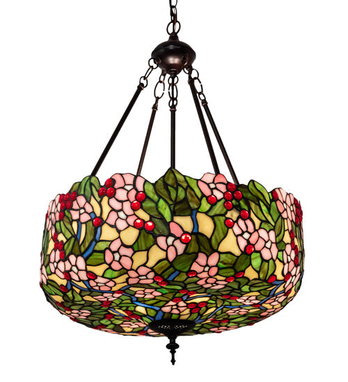 Meyda Lighting Tiffany Cherry Blossom 20" 3-Light Mahogany Bronze Inverted Pendant Light With Multi-Colored Shade Glass