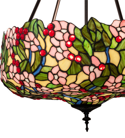 Meyda Lighting Tiffany Cherry Blossom 20" 3-Light Mahogany Bronze Inverted Pendant Light With Multi-Colored Shade Glass