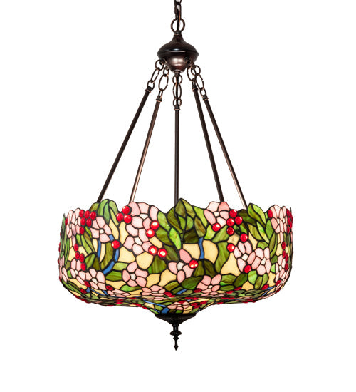 Meyda Lighting Tiffany Cherry Blossom 20" 3-Light Mahogany Bronze Inverted Pendant Light With Multi-Colored Shade Glass