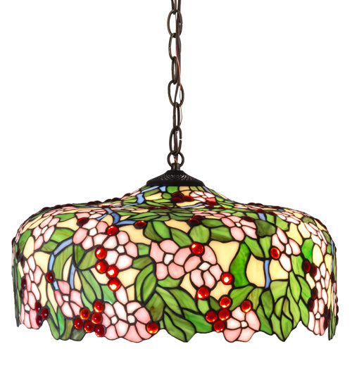 Meyda Lighting Tiffany Cherry Blossom 20" 3-Light Mahogany Bronze Pendant Light With Multi-Colored Shade Glass