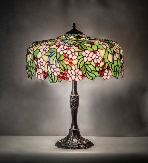 Meyda Lighting Tiffany Cherry Blossom 26" 3-Light Mahogany Bronze Table Lamp With Multi-Colored Shade Glass