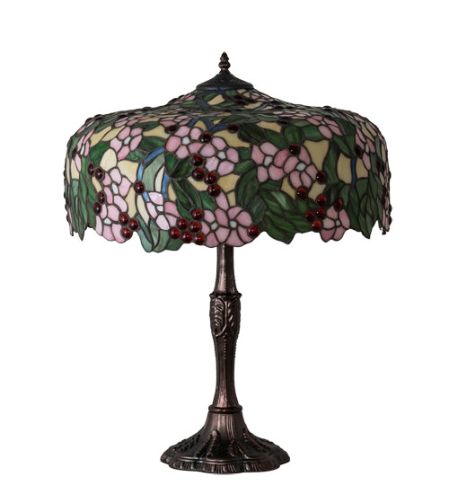 Meyda Lighting Tiffany Cherry Blossom 26" 3-Light Mahogany Bronze Table Lamp With Multi-Colored Shade Glass