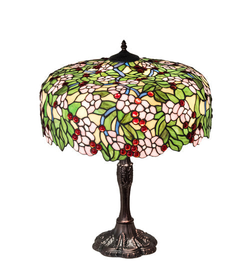 Meyda Lighting Tiffany Cherry Blossom 26" 3-Light Mahogany Bronze Table Lamp With Multi-Colored Shade Glass