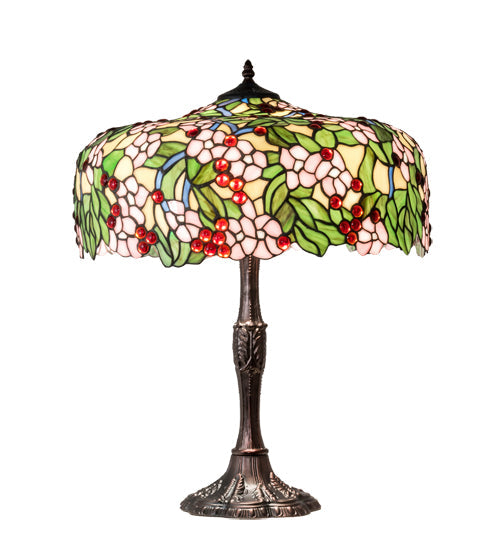 Meyda Lighting Tiffany Cherry Blossom 26" 3-Light Mahogany Bronze Table Lamp With Multi-Colored Shade Glass