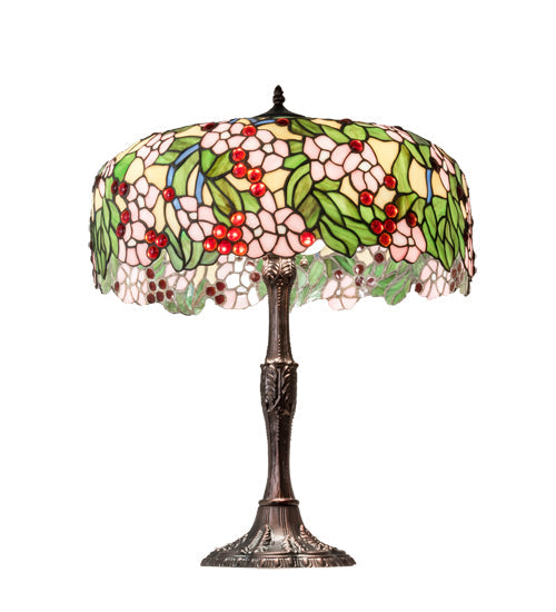 Meyda Lighting Tiffany Cherry Blossom 26" 3-Light Mahogany Bronze Table Lamp With Multi-Colored Shade Glass