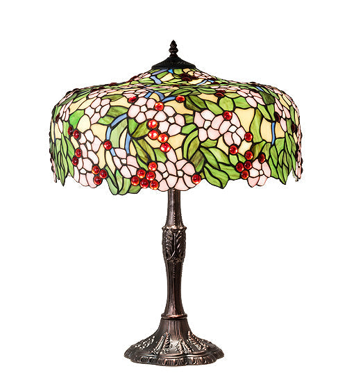 Meyda Lighting Tiffany Cherry Blossom 26" 3-Light Mahogany Bronze Table Lamp With Multi-Colored Shade Glass