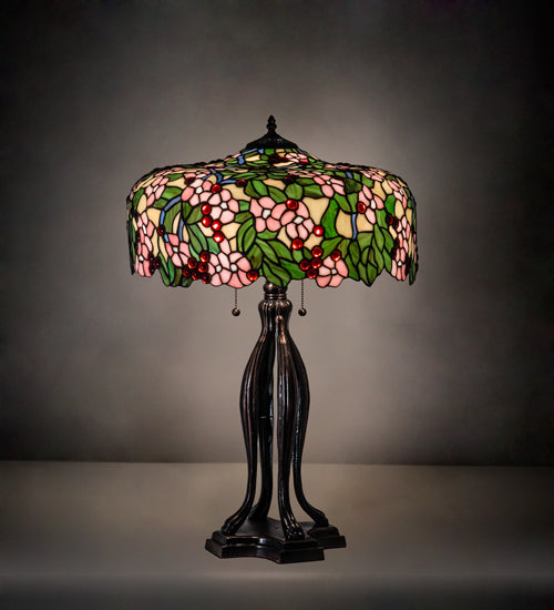 Meyda Lighting Tiffany Cherry Blossom 30" 3-Light Mahogany Bronze Table Lamp With Multi-Colored Shade Glass