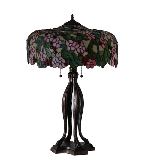 Meyda Lighting Tiffany Cherry Blossom 30" 3-Light Mahogany Bronze Table Lamp With Multi-Colored Shade Glass