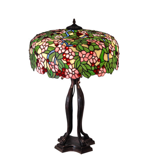 Meyda Lighting Tiffany Cherry Blossom 30" 3-Light Mahogany Bronze Table Lamp With Multi-Colored Shade Glass