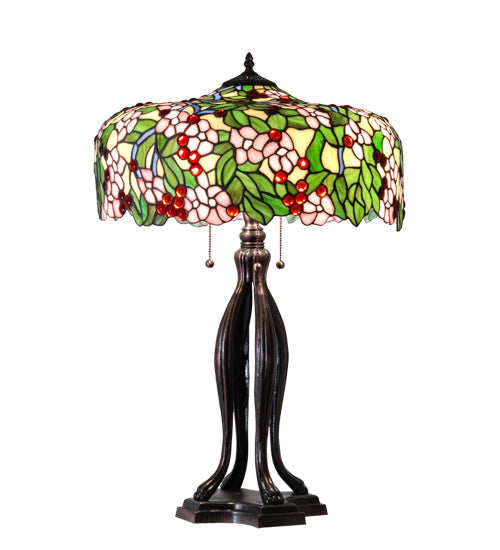 Meyda Lighting Tiffany Cherry Blossom 30" 3-Light Mahogany Bronze Table Lamp With Multi-Colored Shade Glass