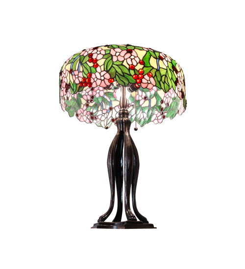 Meyda Lighting Tiffany Cherry Blossom 30" 3-Light Mahogany Bronze Table Lamp With Multi-Colored Shade Glass