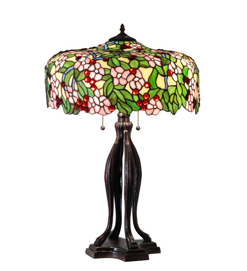 Meyda Lighting Tiffany Cherry Blossom 30" 3-Light Mahogany Bronze Table Lamp With Multi-Colored Shade Glass